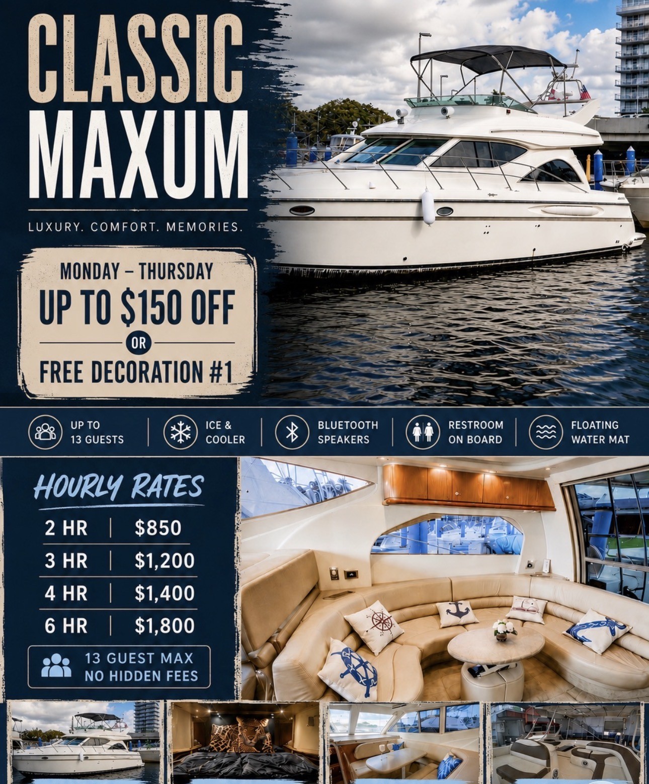Classic Maxum Miami luxury yacht for bachelor parties