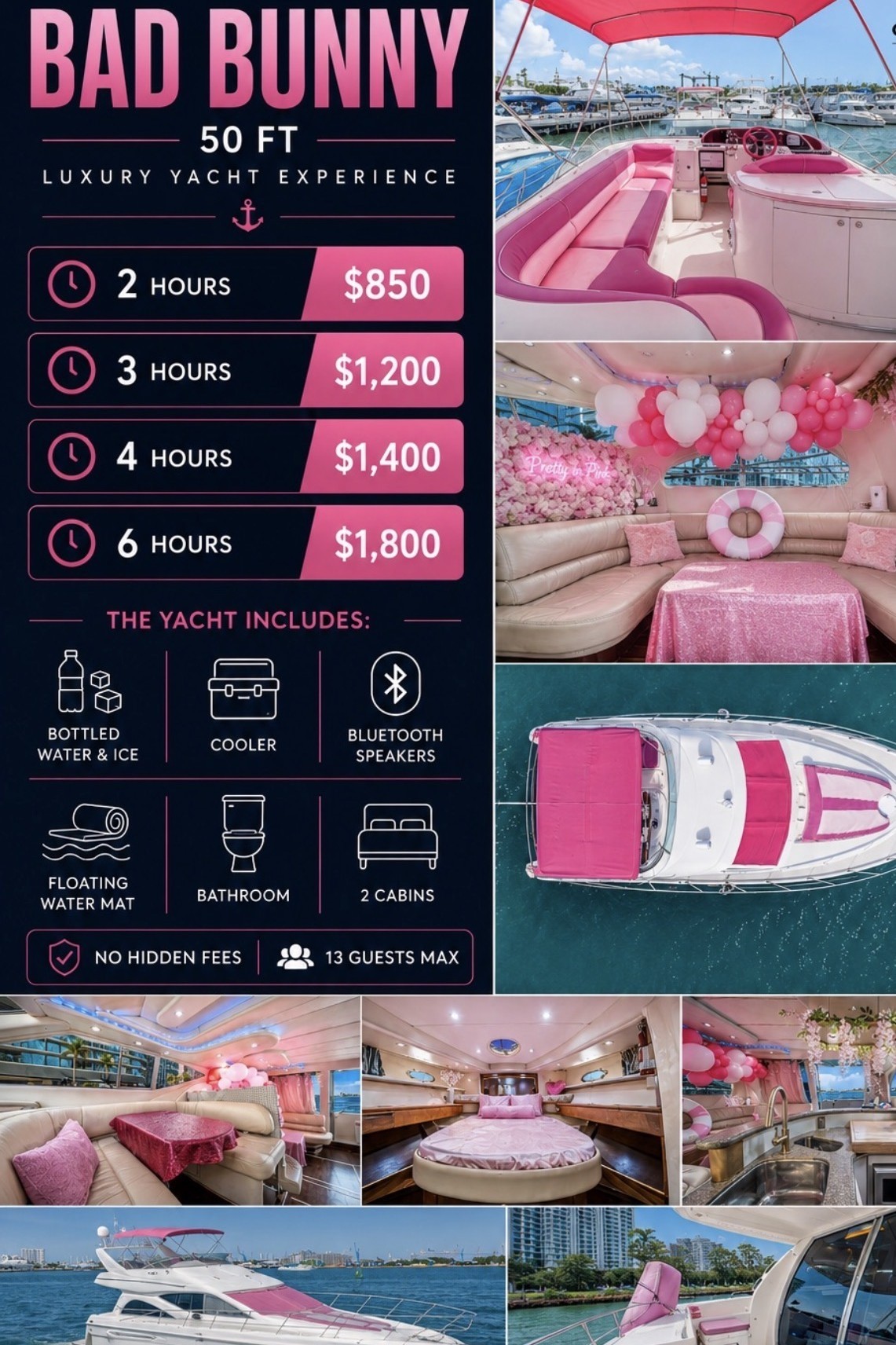 Bad Bunny 50ft Miami luxury yacht party rental with pink interior
