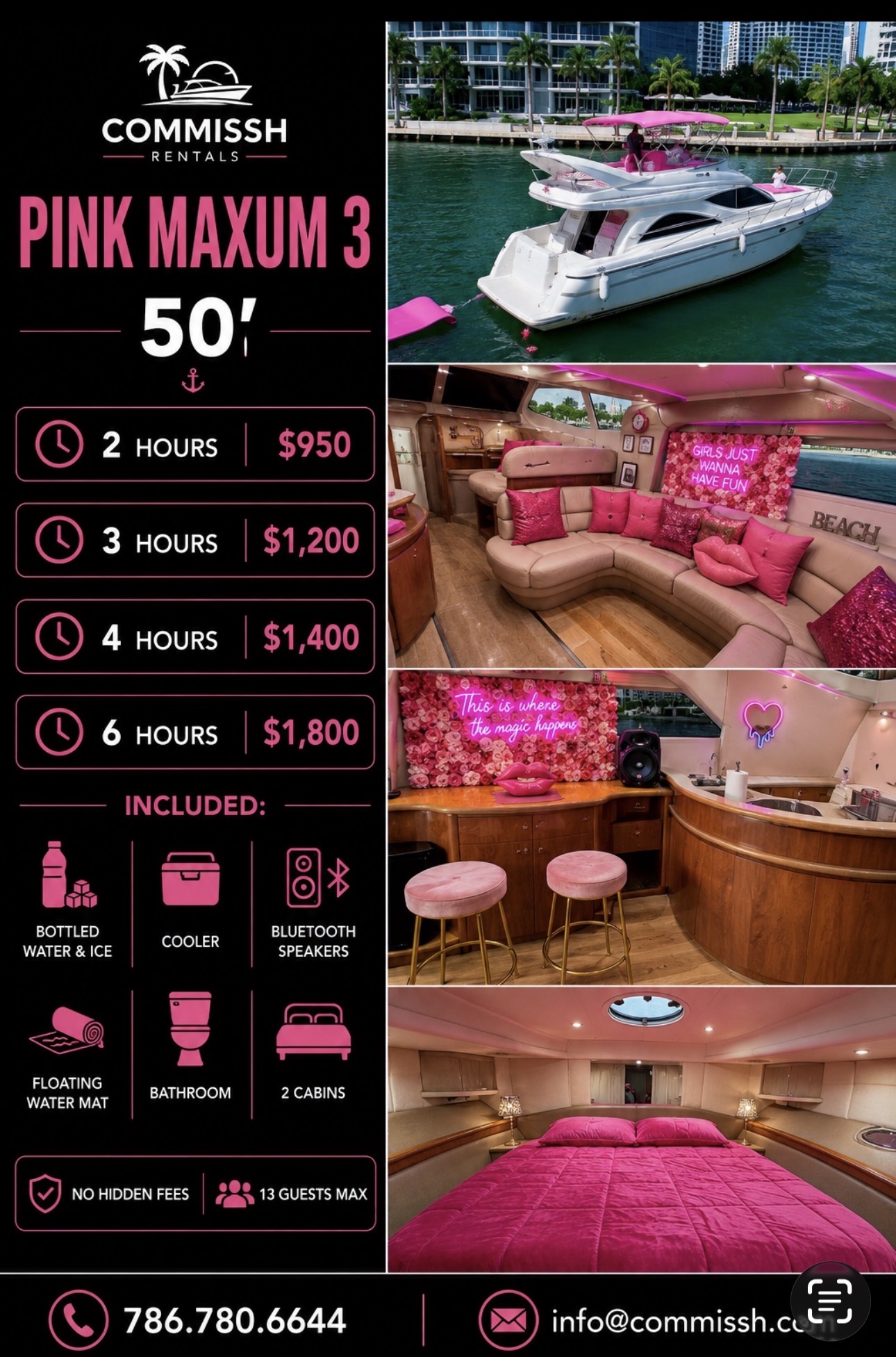 Pink Maxum 3 50ft Miami luxury yacht party rental