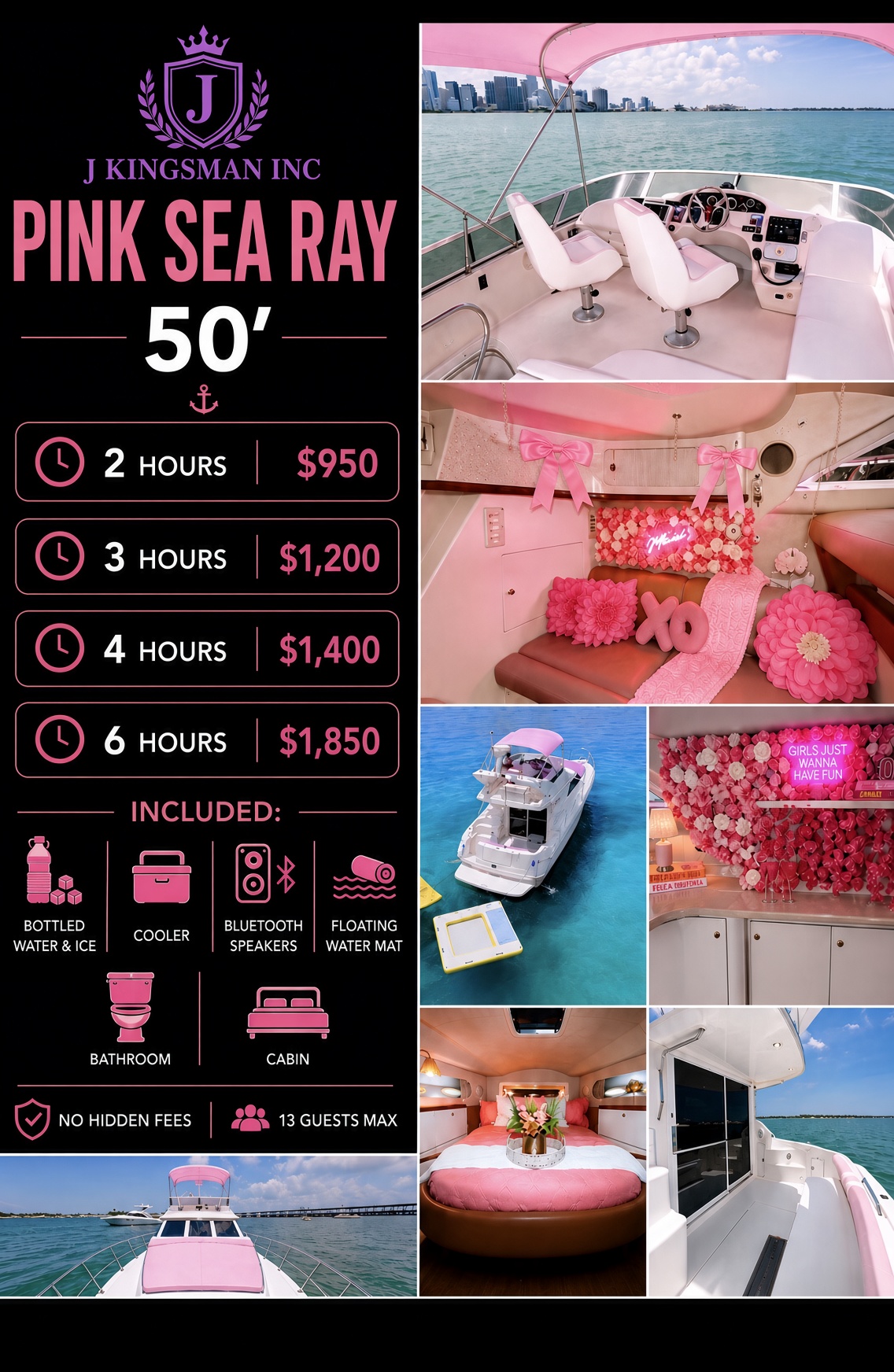 Pink Sea Ray 50ft Miami party yacht