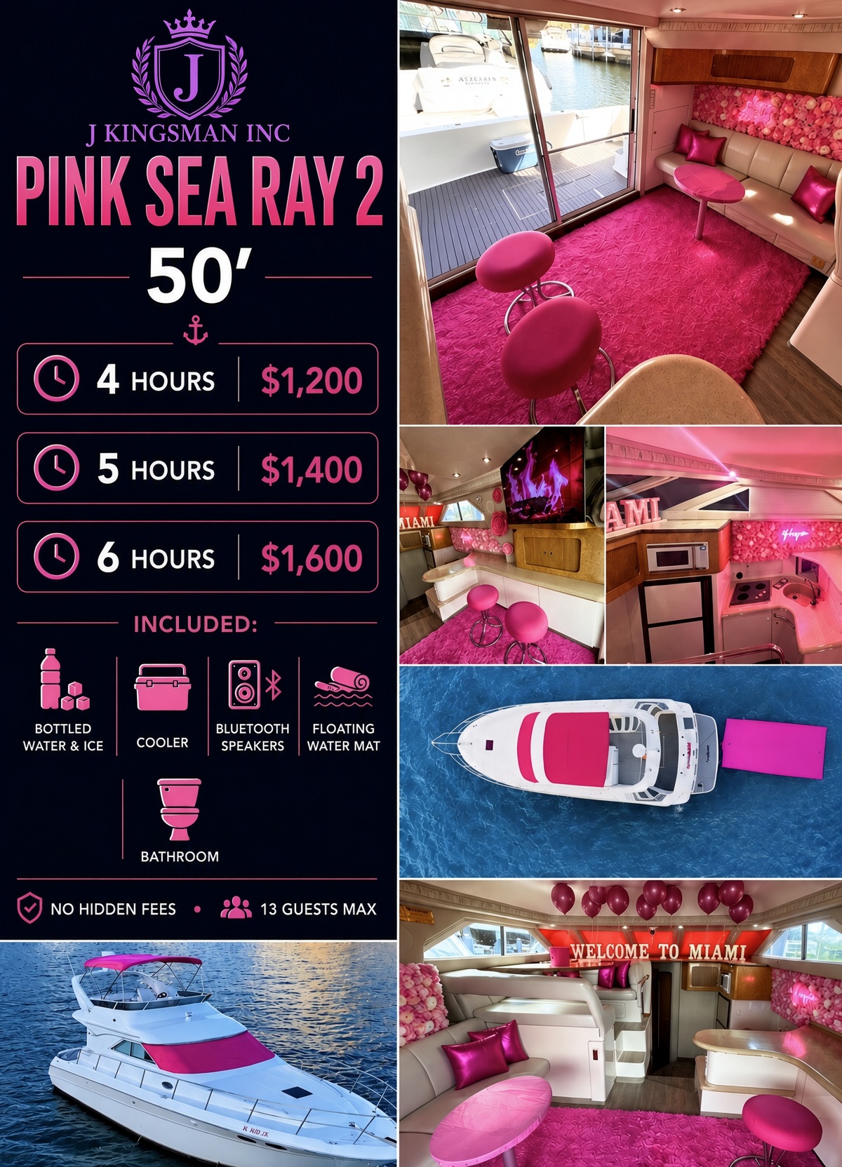 Pink Sea Ray 2 50ft Miami party yacht