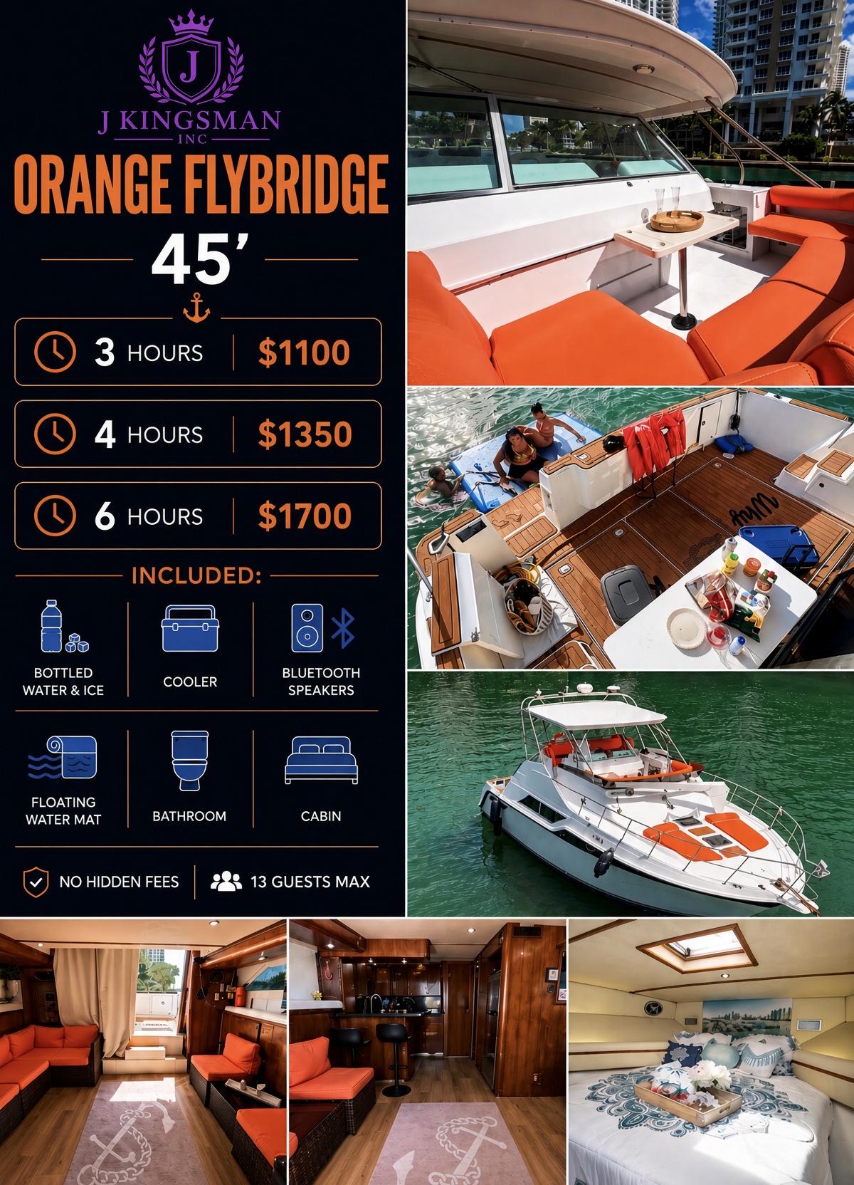 Orange Flybridge 45ft Miami yacht rental