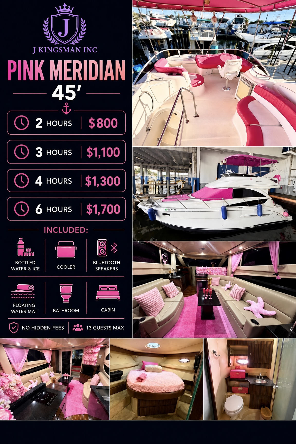 Pink Meridian 45ft Miami yacht rental